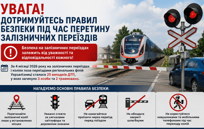 Увага! Дотримуйтесь правил безпеки під час перетину залізничних переїздів